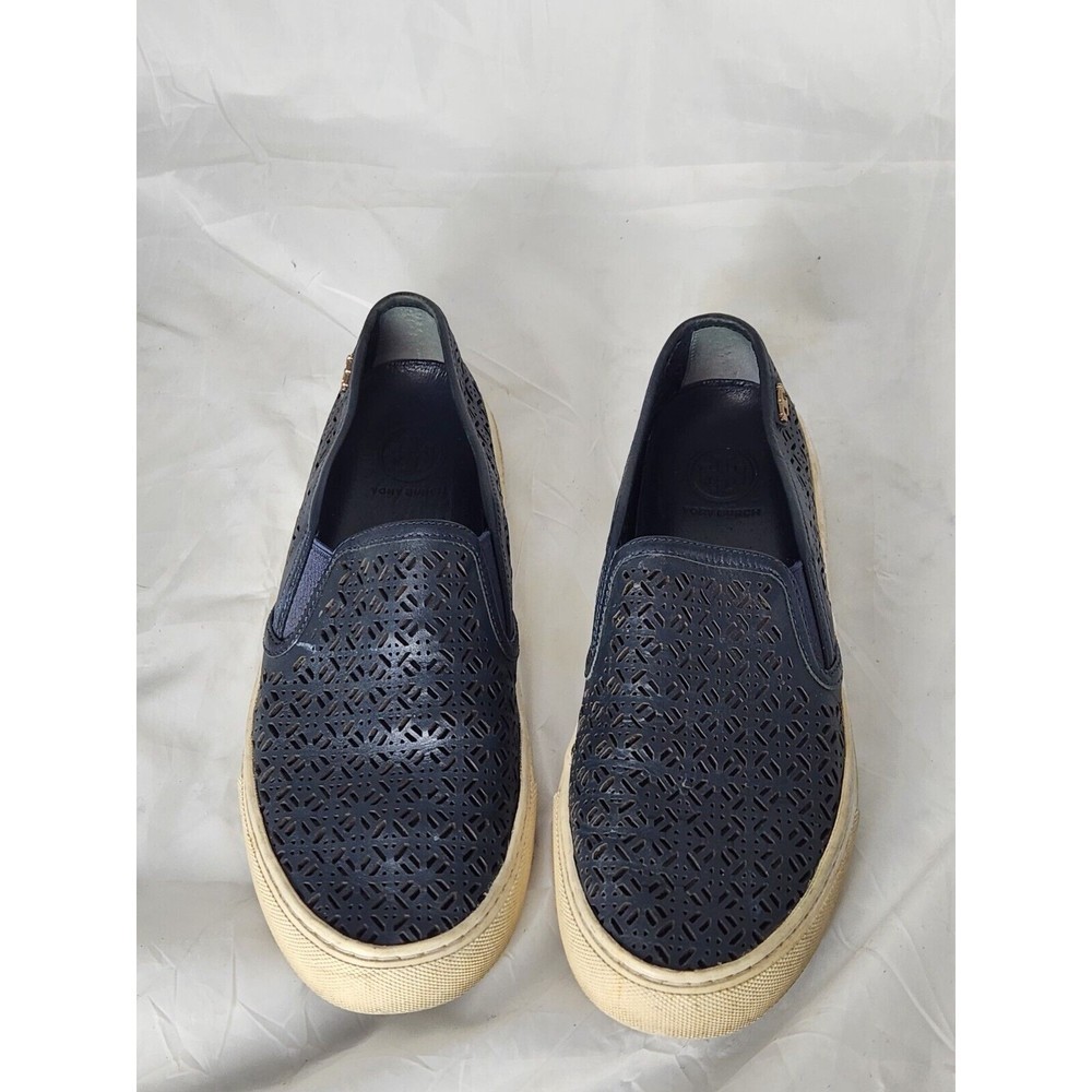 Tory Burch Lennon Laserโ Cut Slip On Sneaker Navy Blue Logo Perforated Shoes 7.5